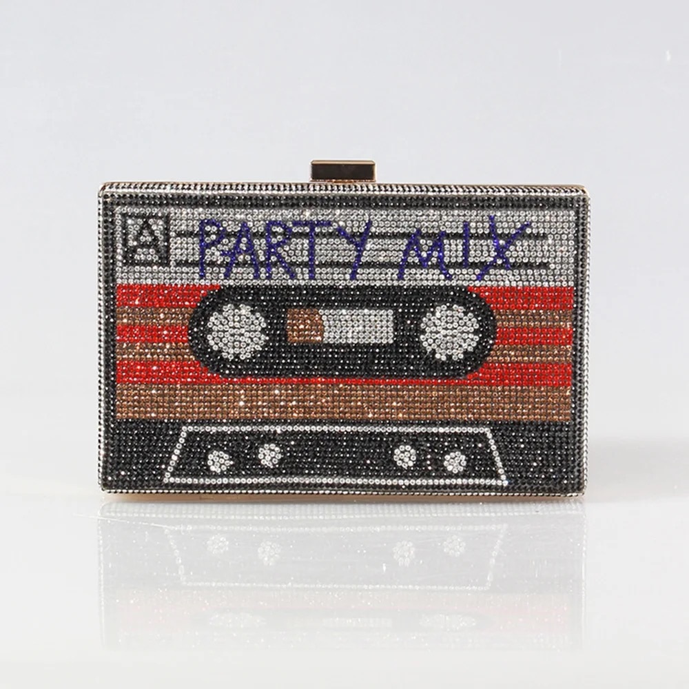 New 80's Retro Rhinestone Cassette Tape Shape Cocktail Clutch & Crossbody